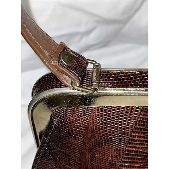 Vintage 50's Tegu Lizard Skin Kelly Hand Bag Mahogany Brushed Metal Clasp 14x9x4 - Picture 12 of 16